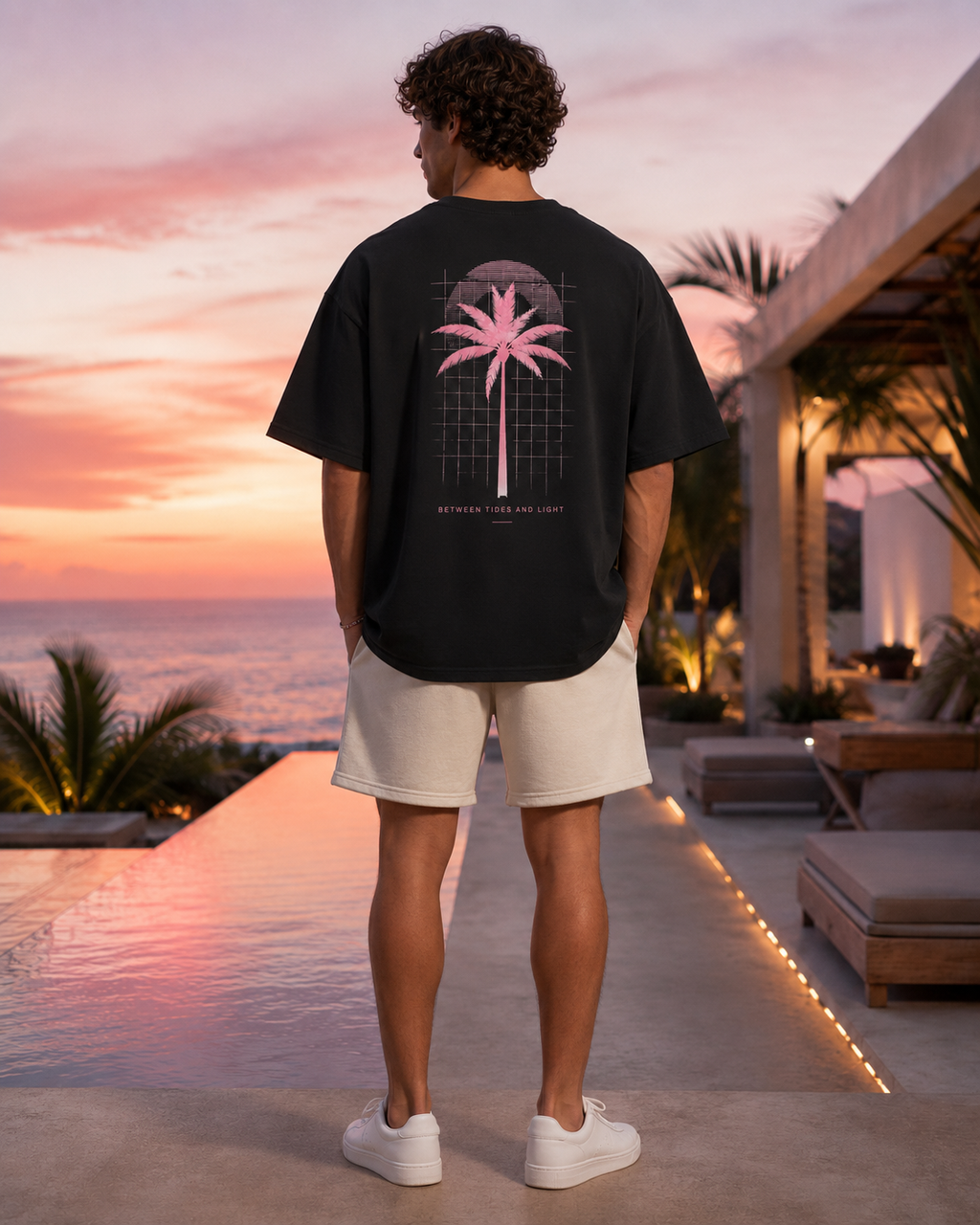 Nahaufnahme des charakteristischen Palmex Coastal-Shadow-Prints auf der Vorderseite des schwarzen Shirts.