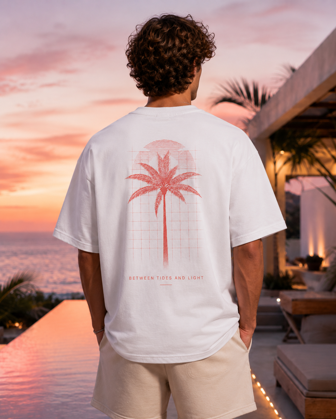 Detailansicht der hochwertigen Verarbeitung und breiten Doppelabsteppung am Saum des weißen Streetwear-Shirts.
