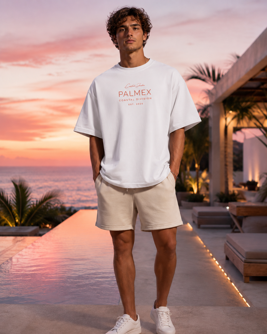 Palmex Coastal Shadow Oversize T-Shirt in Weiß aus Bio-Baumwolle – Frontansicht.
