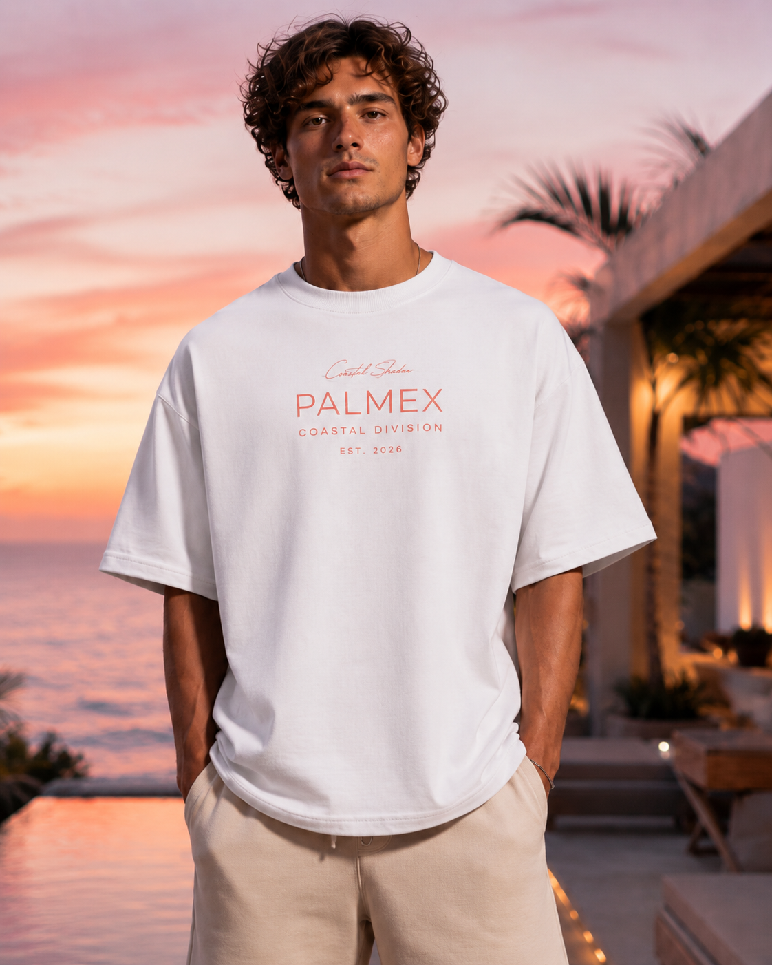 Nahaufnahme des charakteristischen Palmex Coastal-Shadow-Prints auf der Vorderseite des weißen Shirts.