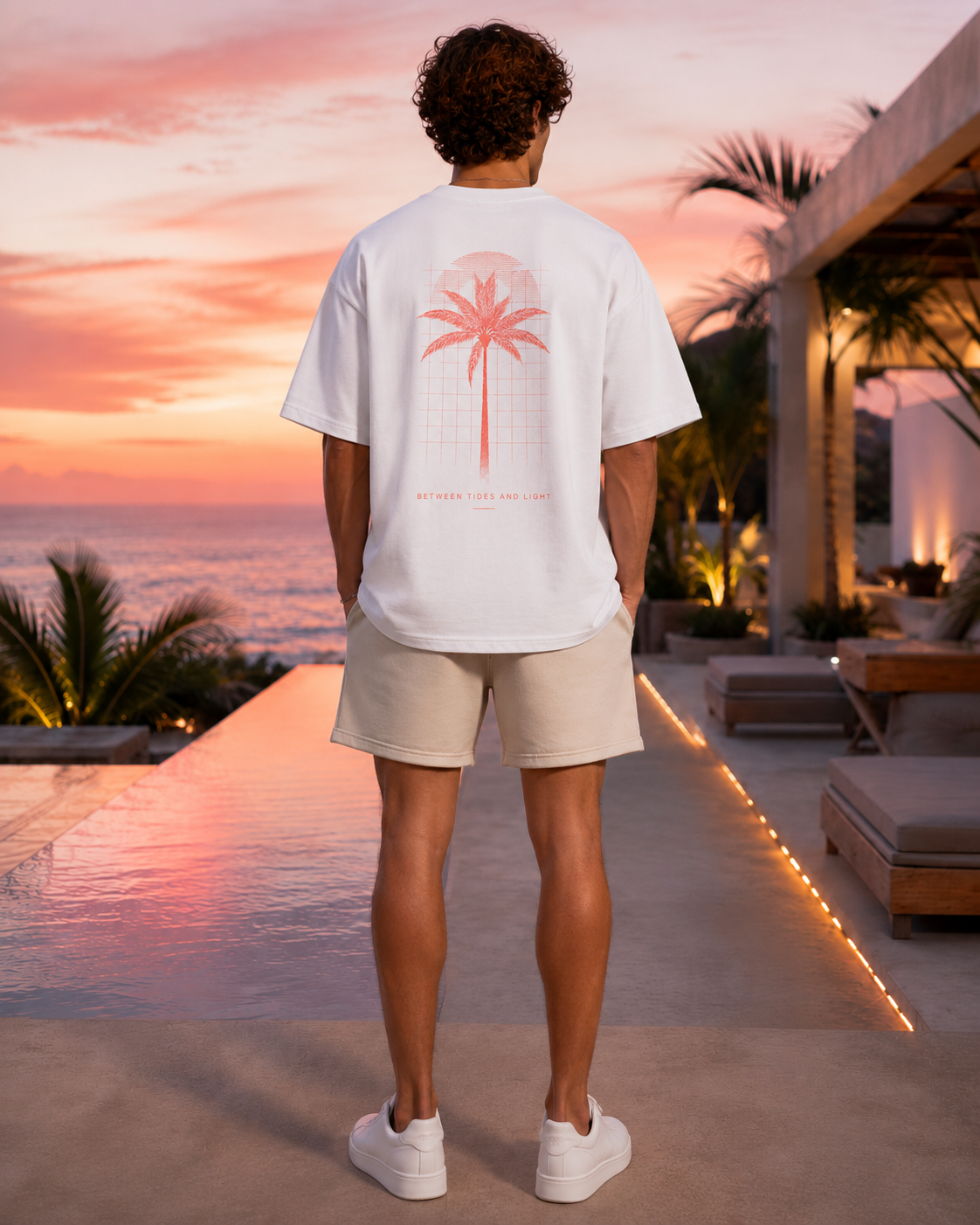Rückseite des weißen Palmex Coastal Shadow T-Shirts mit dem exklusiven Grafik-Print.