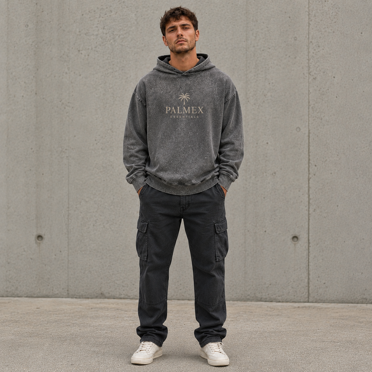 Palmex Essentials Oversize Washed Hoodie in grau im Acid-Wash-Look – Frontansicht.