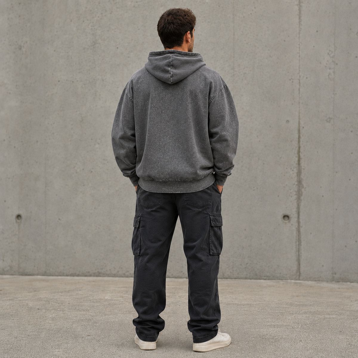 Rückseite des grauen Palmex Washed Hoodies mit modernem, reduziertem Streetwear-Design.
