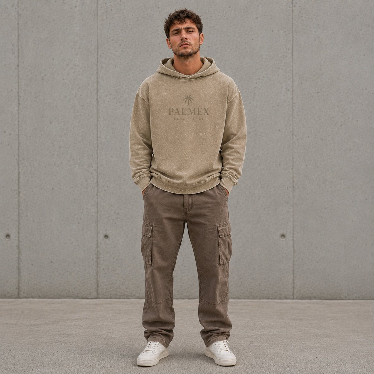 Palmex Essentials Oversize Washed Hoodie in beige im Acid-Wash-Look – Frontansicht.