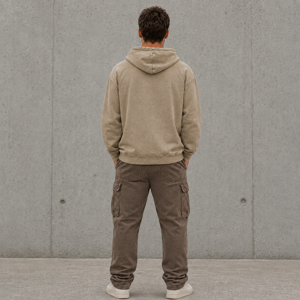 Rückseite des beigen Palmex Washed Hoodies mit modernem, reduziertem Streetwear-Design.