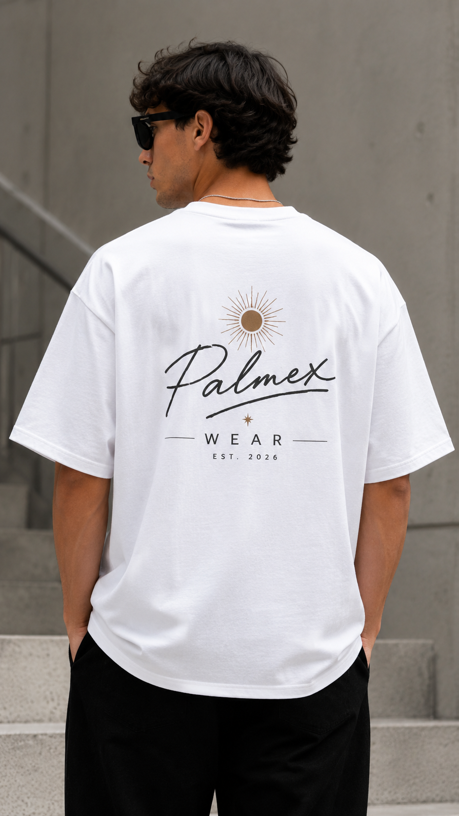 Detailansicht des hochwertigen Palmex Signature-Backprints auf der Rückseite des weißen Streetwear-Shirts.