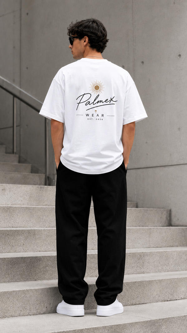 Rückseite des weißen Palmex First Light Oversize T-Shirts mit dem großen Signature-Backprint.