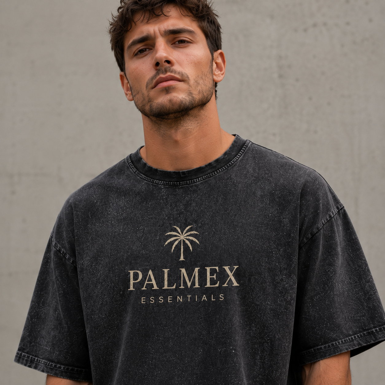 Nahaufnahme des dezenten Palmex-Logoprints auf der Brust des schwarzen Washed T-Shirts.