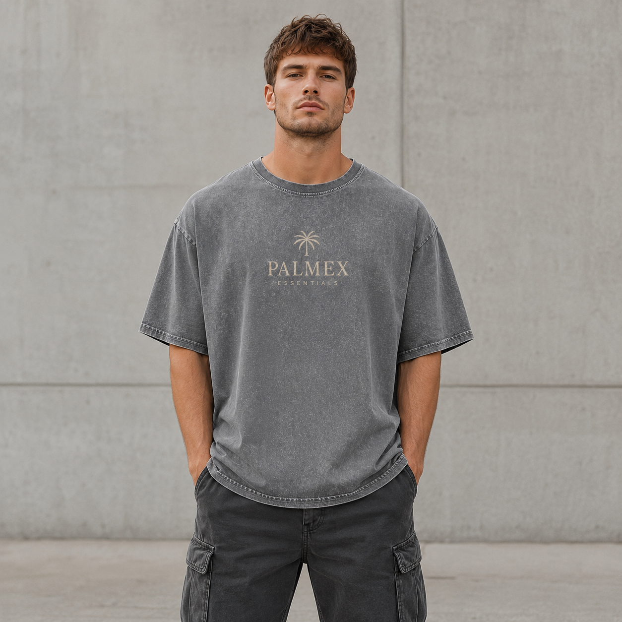 Palmex Essentials Herren Oversize T-Shirt in Acid-Wash grau – Frontansicht.