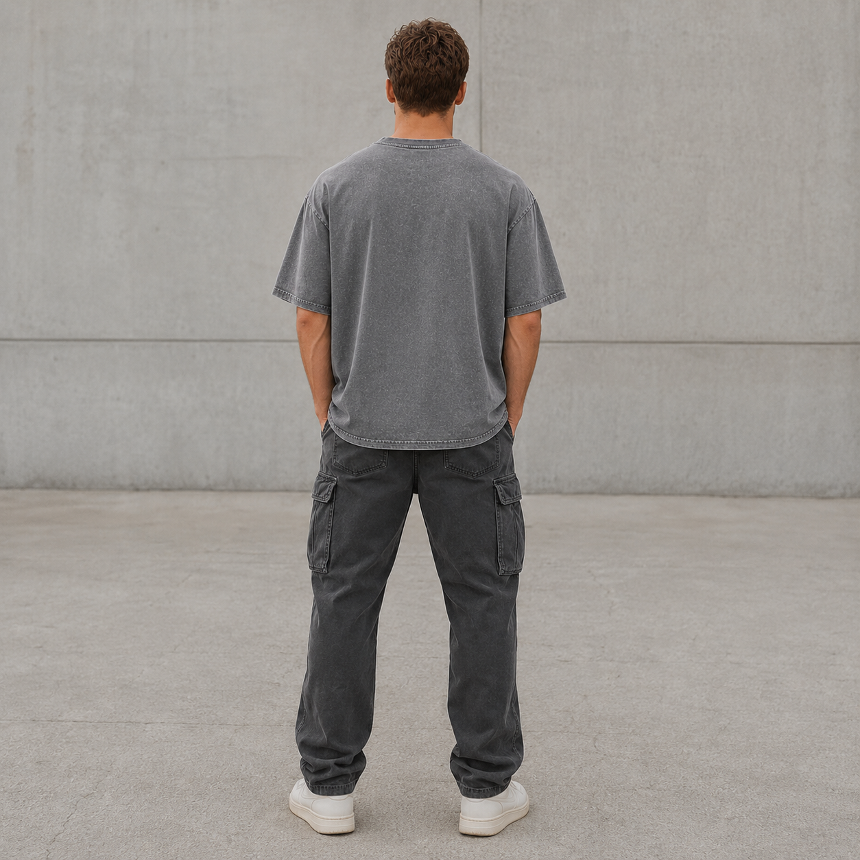 Rückseite des grauen Palmex Essentials Washed Oversize T-Shirts mit cleanem Streetwear-Design.
