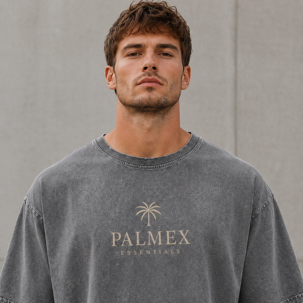 Nahaufnahme des dezenten Palmex-Logoprints auf der Brust des grauen Washed T-Shirts.