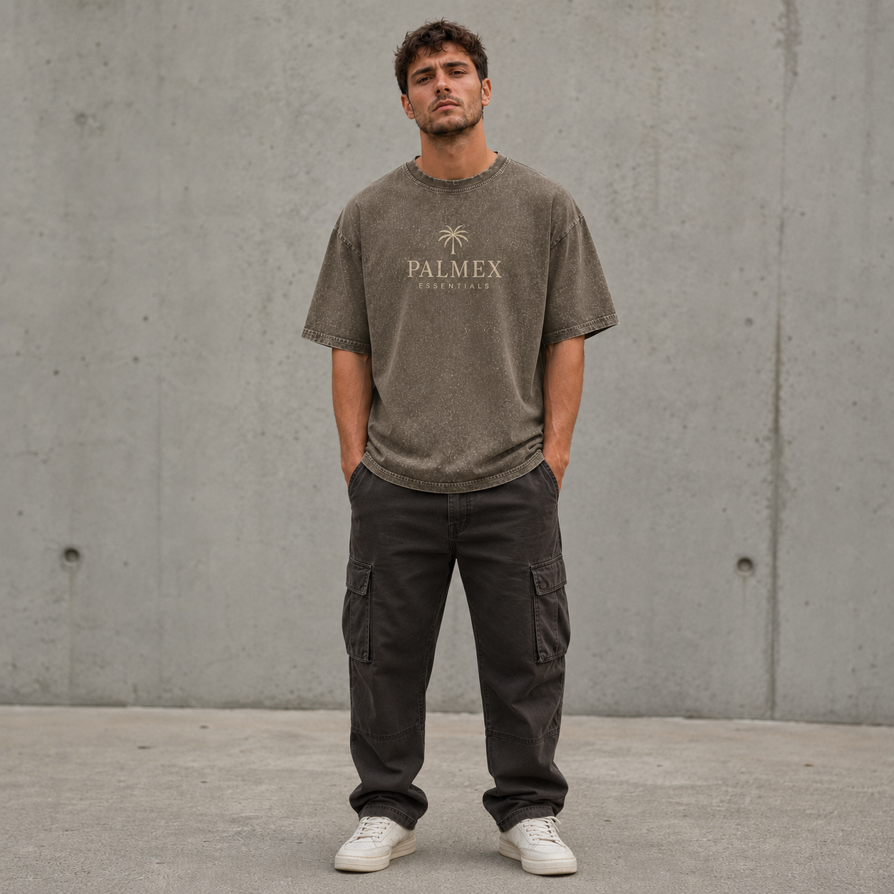 Palmex Essentials Herren Oversize T-Shirt in Acid-Wash khaki – Frontansicht.