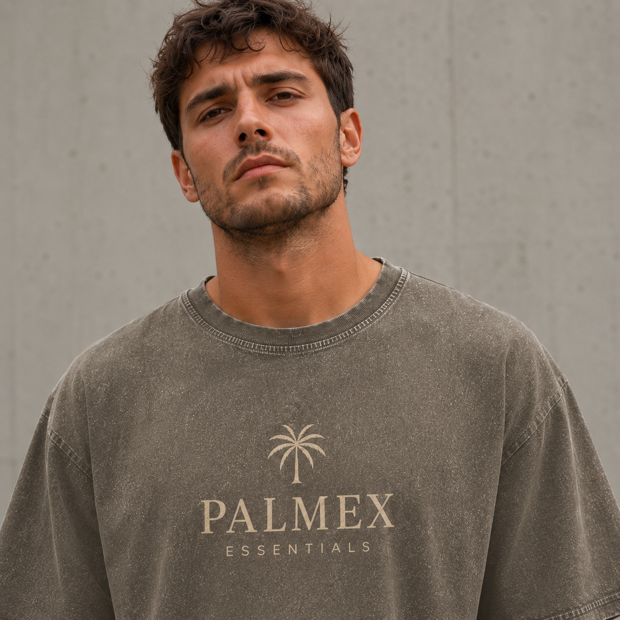 Nahaufnahme des dezenten Palmex-Logoprints auf der Brust des khaki Washed T-Shirts.