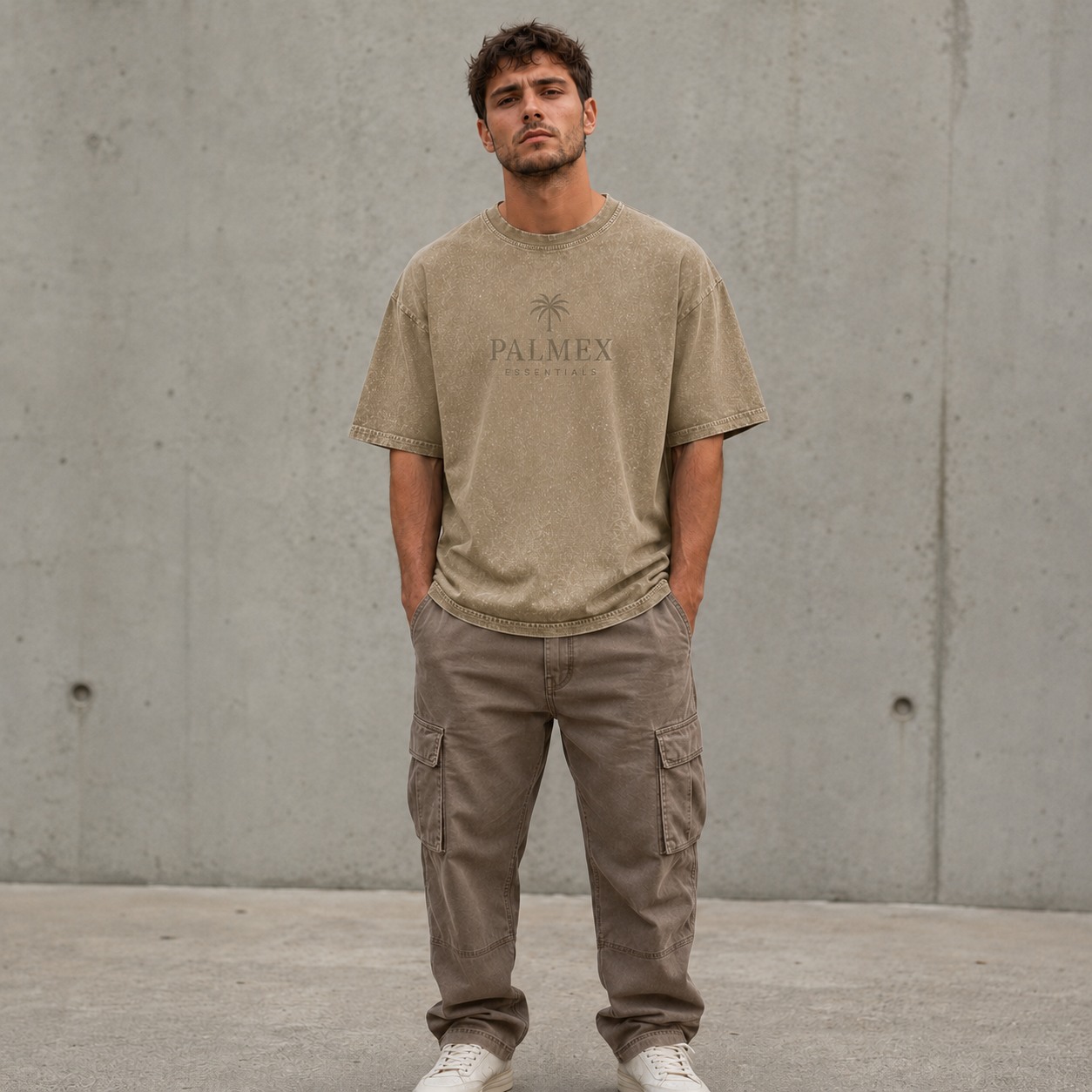 Palmex Essentials Herren Oversize T-Shirt in Acid-Wash beige – Frontansicht.