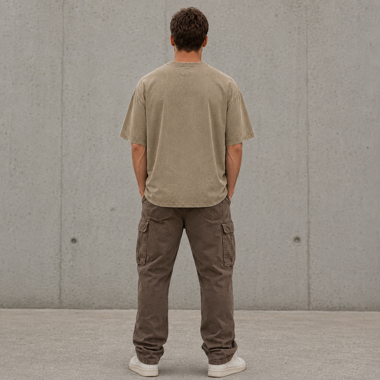 Rückseite des beigen Palmex Essentials Washed Oversize T-Shirts mit cleanem Streetwear-Design.