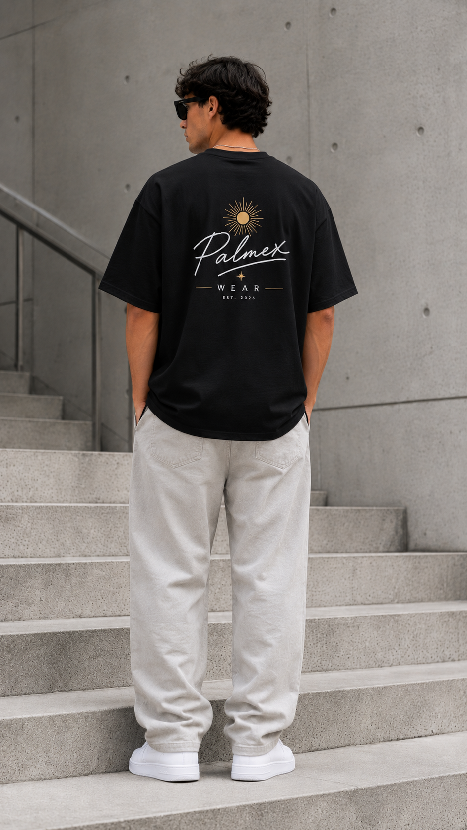 Rückseite des schwarzen Palmex First Light Oversize T-Shirts mit dem großen Signature-Backprint.
