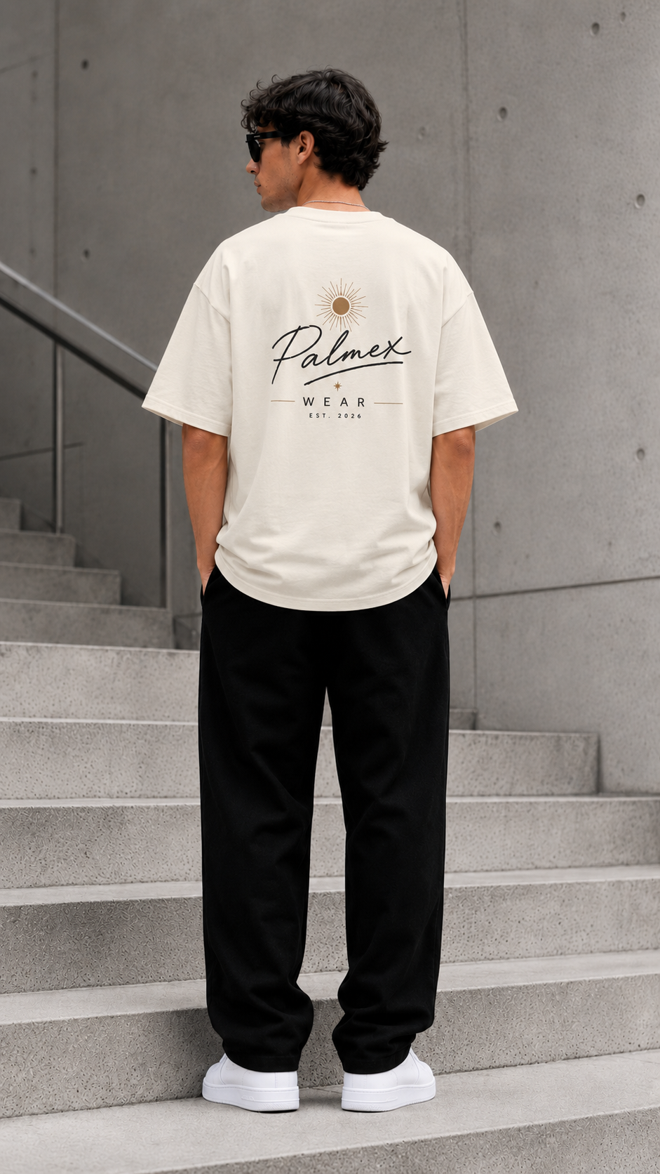 Rückseite des beigen Palmex First Light Oversize T-Shirts mit dem großen Signature-Backprint.