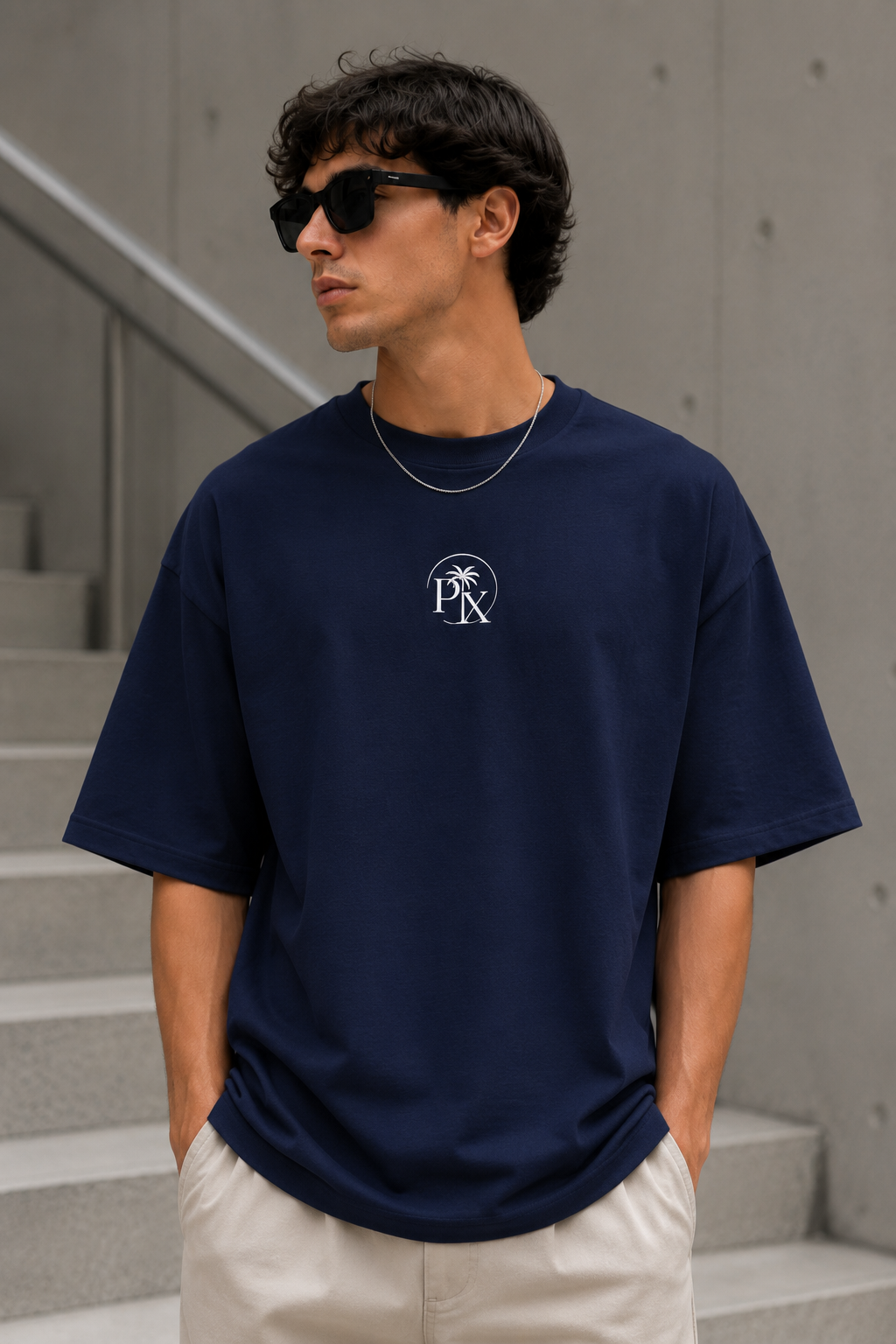 Nahaufnahme des minimalistischen Palmex-PX-Logos auf der Brust des blauen Shirts.