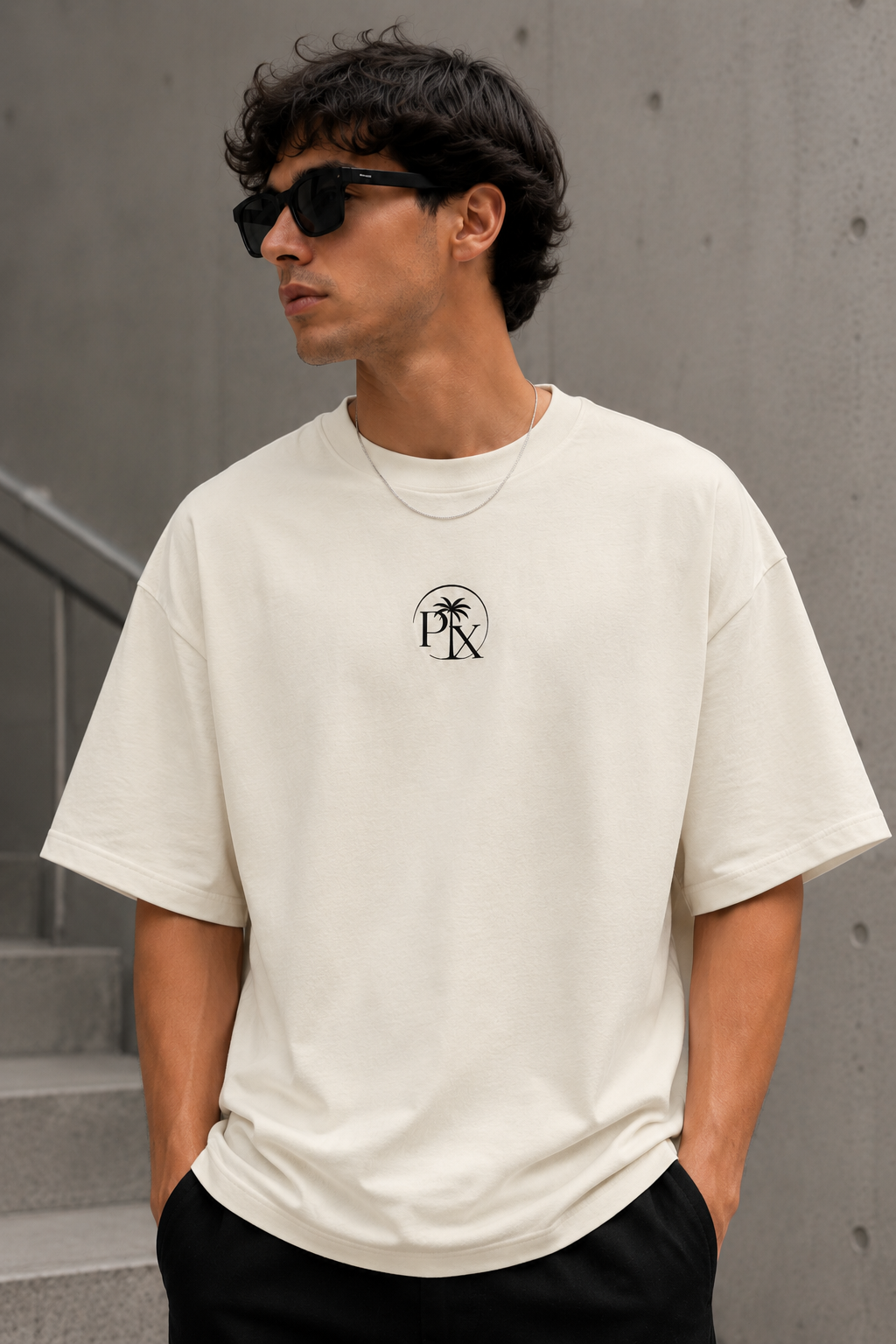 Nahaufnahme des minimalistischen Palmex-PX-Logos auf der Brust des beigen Shirts.