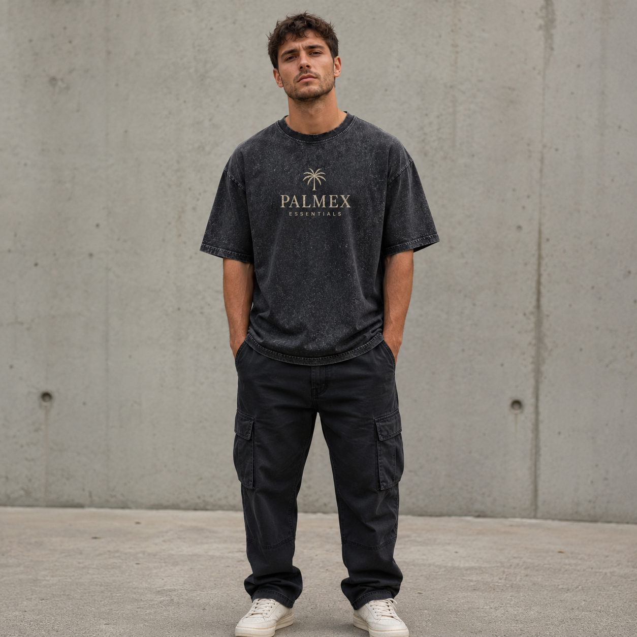 Palmex Essentials Herren Oversize T-Shirt in Acid-Wash Schwarz – Frontansicht.