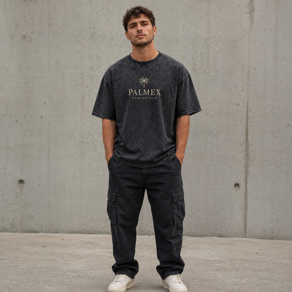 Palmex Essentials Herren Oversize T-Shirt in Acid-Wash Schwarz – Frontansicht.